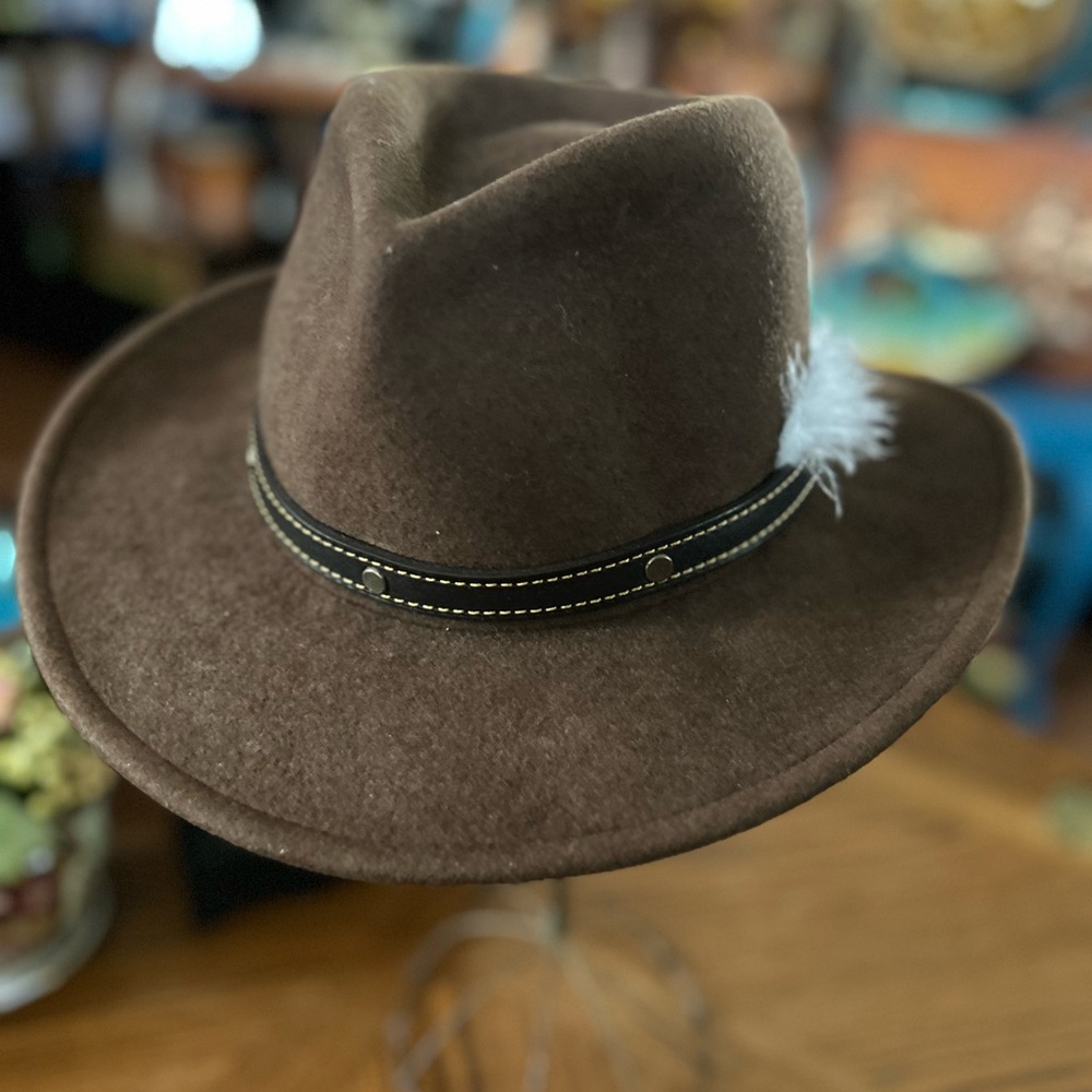 Vintage Brown Wool Cowboy Hat with Leather Band & Feather Accent - Picture 4 of 14